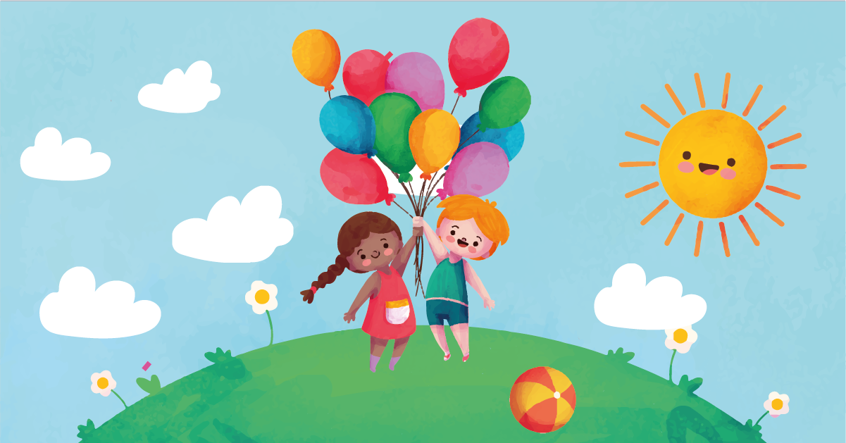 Na grafice dzieci trzymające balony, które je unoszą nad ziemią.